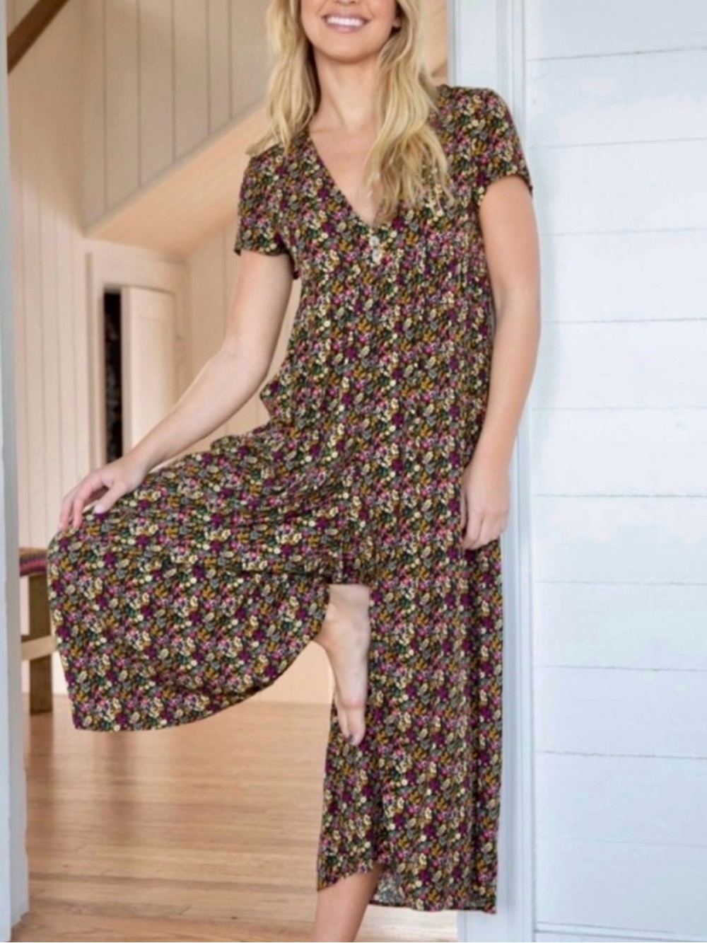 Natural Life Floral Wide Leg Jumpsuit Black Boho Cottagecore Rayon Size Medium